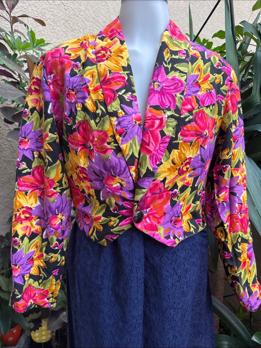 Vintage 80’s Floral Cropped Rayon Jacket in Pink, Purple & Yellow